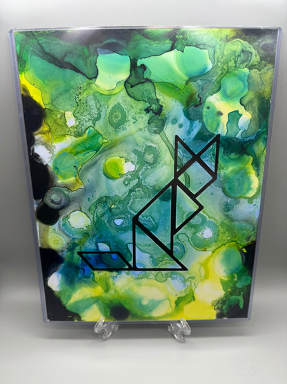 Abstract art piece with green and yellow colors and a black geometric design on a white background.