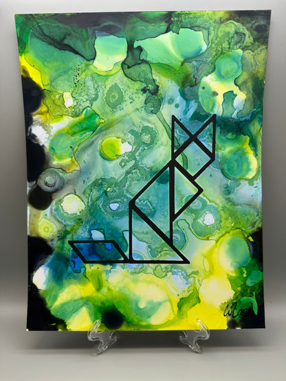 Abstract art piece with green and yellow colors and a black geometric design on a white background.