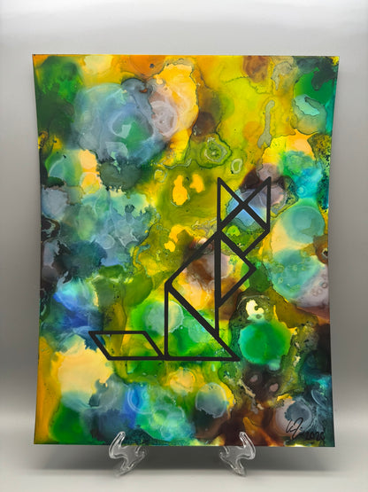 Abstract painting with a black geometric design on a colorful background