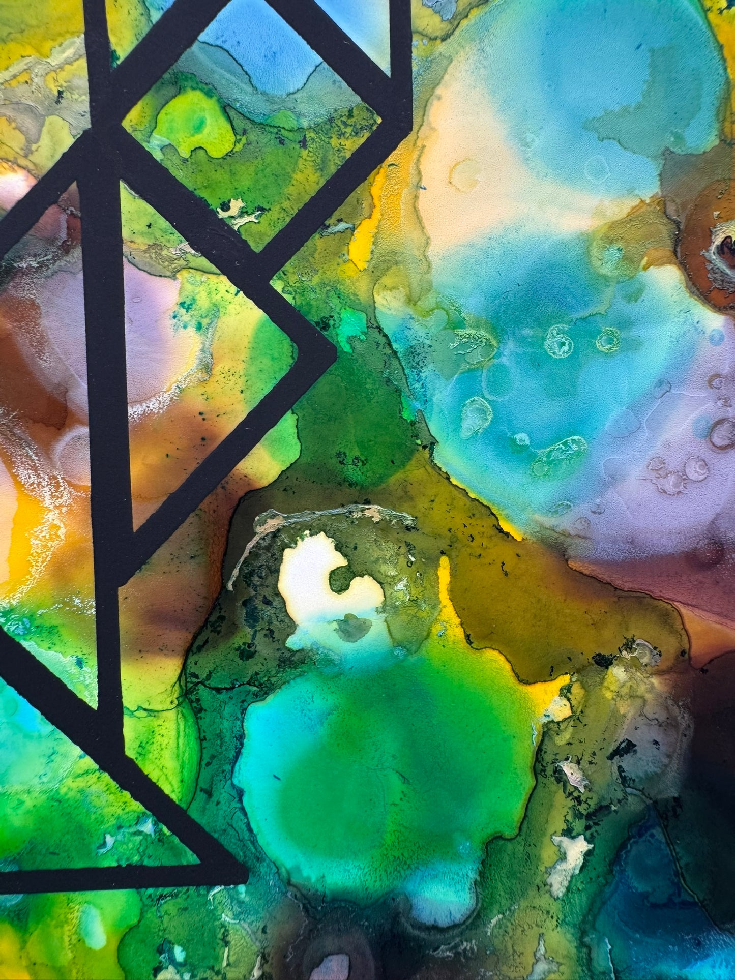 Abstract art with colorful swirls and geometric shapes