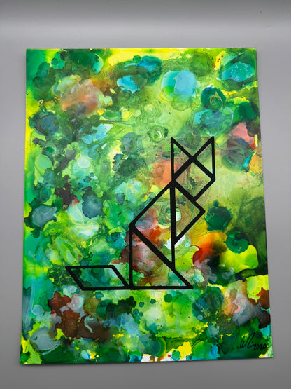 Abstract art piece with geometric shapes on a colorful background