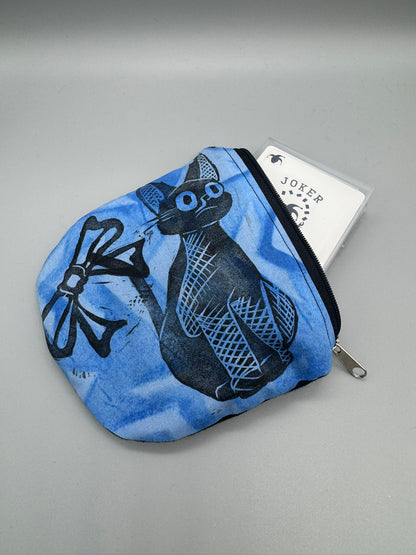 Block-Printed Handmade Little Cat Bags | 3" x 4" | Black on Blue