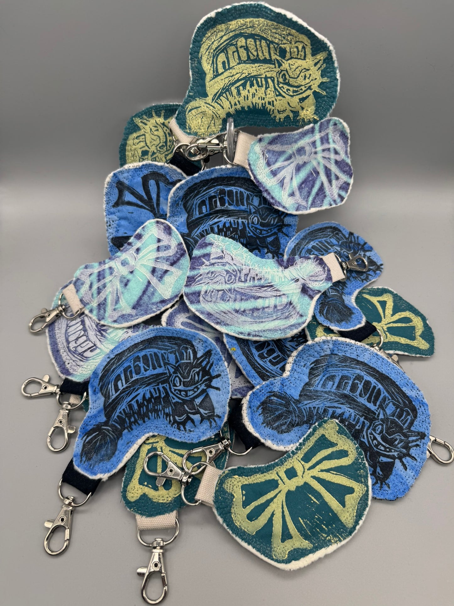 Block-Printed Handmade Scrappy Soft Cat & Bow Keychains | 2" x 3" | Choose Your Variant