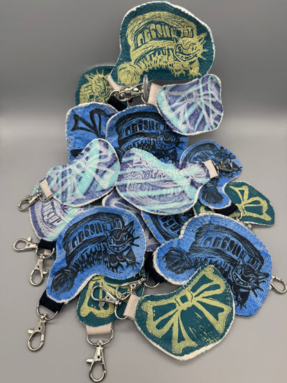 Block-Printed Handmade Scrappy Soft Cat & Bow Keychains | 2" x 3" | Choose Your Variant