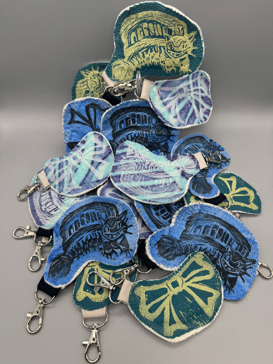 Block-Printed Handmade Scrappy Soft Cat & Bow Keychains | 2" x 3" | Choose Your Variant