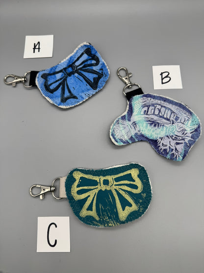 Block-Printed Handmade Scrappy Soft Cat & Bow Keychains | 2" x 3" | Choose Your Variant