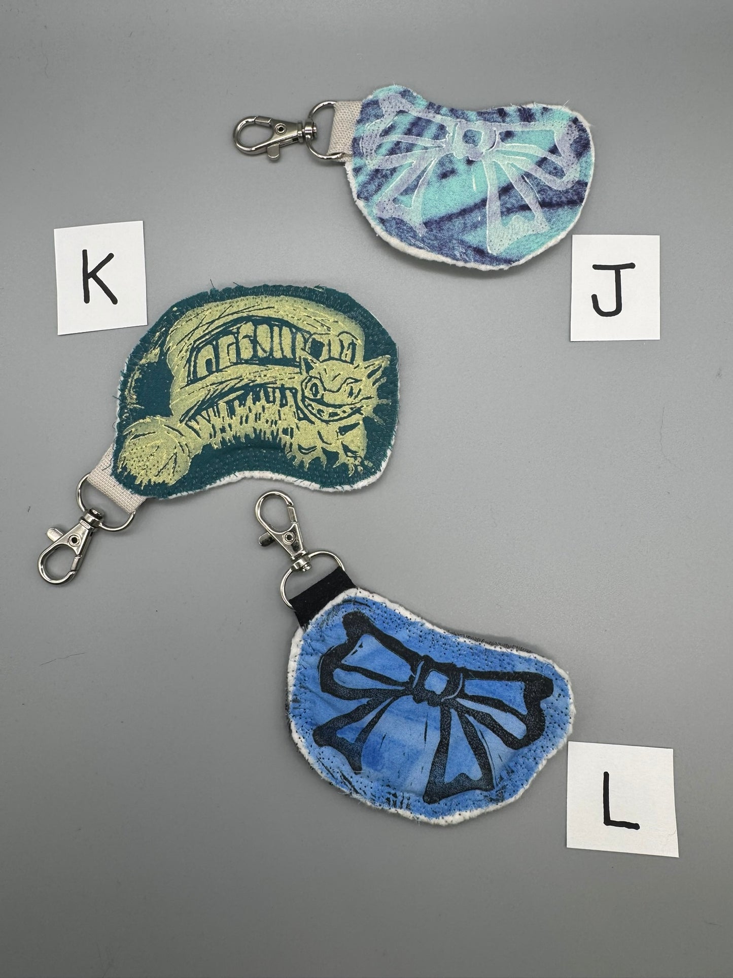 Block-Printed Handmade Scrappy Soft Cat & Bow Keychains | 2" x 3" | Choose Your Variant