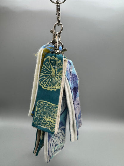 Keychain with fabric strips featuring patterns on a gray background