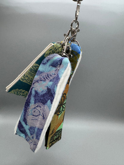 Keychain with fabric strip featuring a blue and green pattern on a gray background