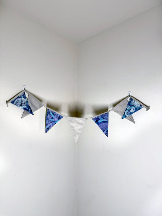 Block-Printed Handmade Snack Bunting | 7 - 5" x 6" triangles, 45" length | Blue, Purple, Tan, White