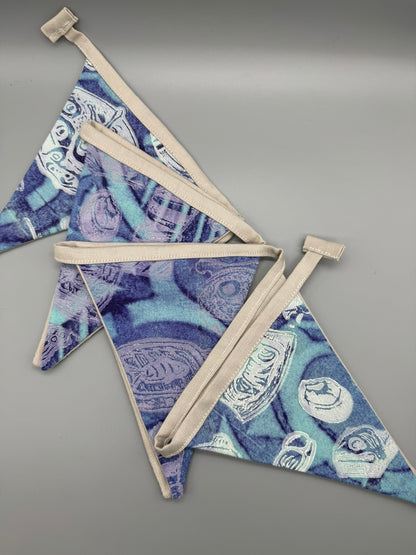 Block-Printed Handmade Snack Bunting | 7 - 5" x 6" triangles, 45" length | Blue, Purple, Tan, White