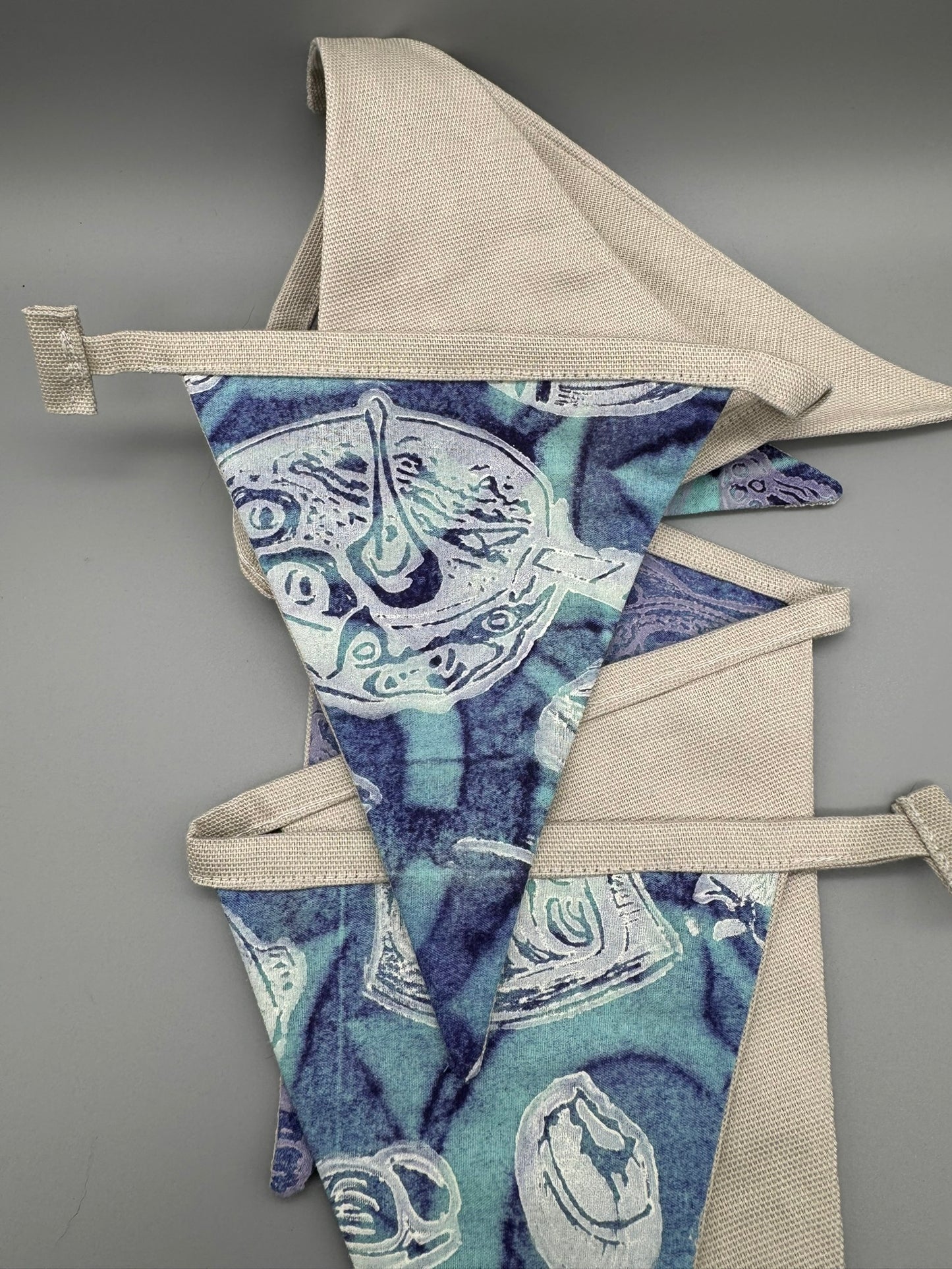 Block-Printed Handmade Snack Bunting | 7 - 5" x 6" triangles, 45" length | Blue, Purple, Tan, White