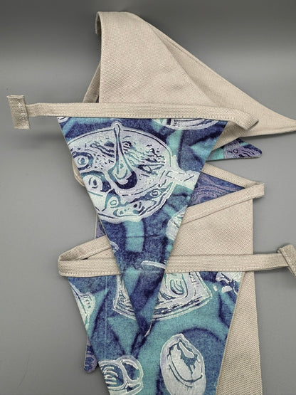 Block-Printed Handmade Snack Bunting | 7 - 5" x 6" triangles, 45" length | Blue, Purple, Tan, White