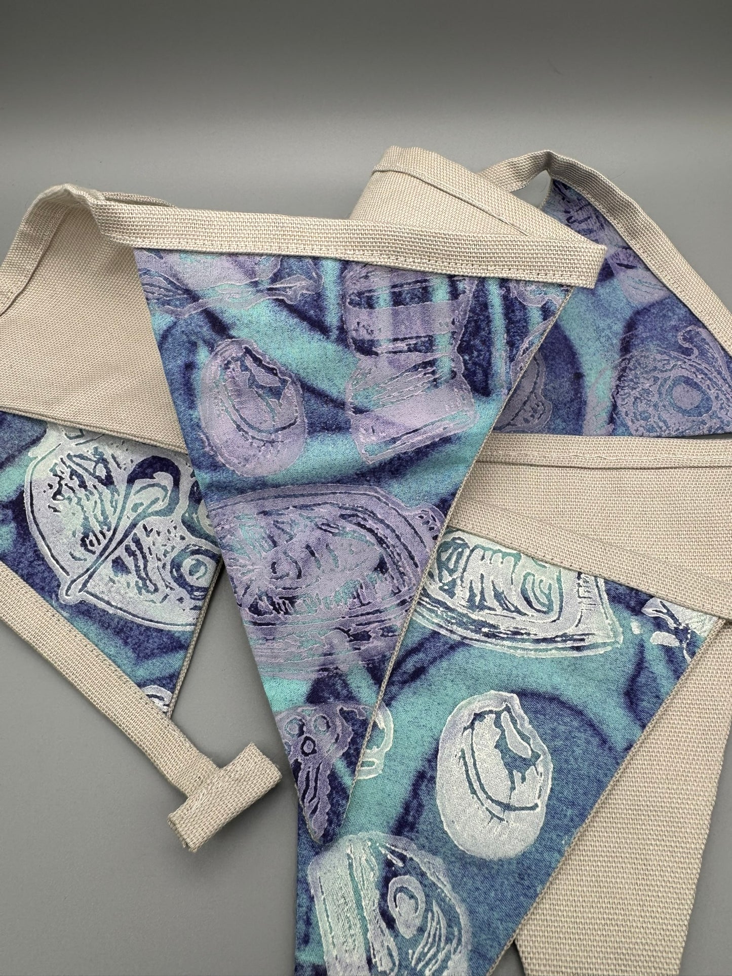 Block-Printed Handmade Snack Bunting | 7 - 5" x 6" triangles, 45" length | Blue, Purple, Tan, White