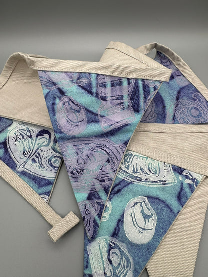 Block-Printed Handmade Snack Bunting | 7 - 5" x 6" triangles, 45" length | Blue, Purple, Tan, White
