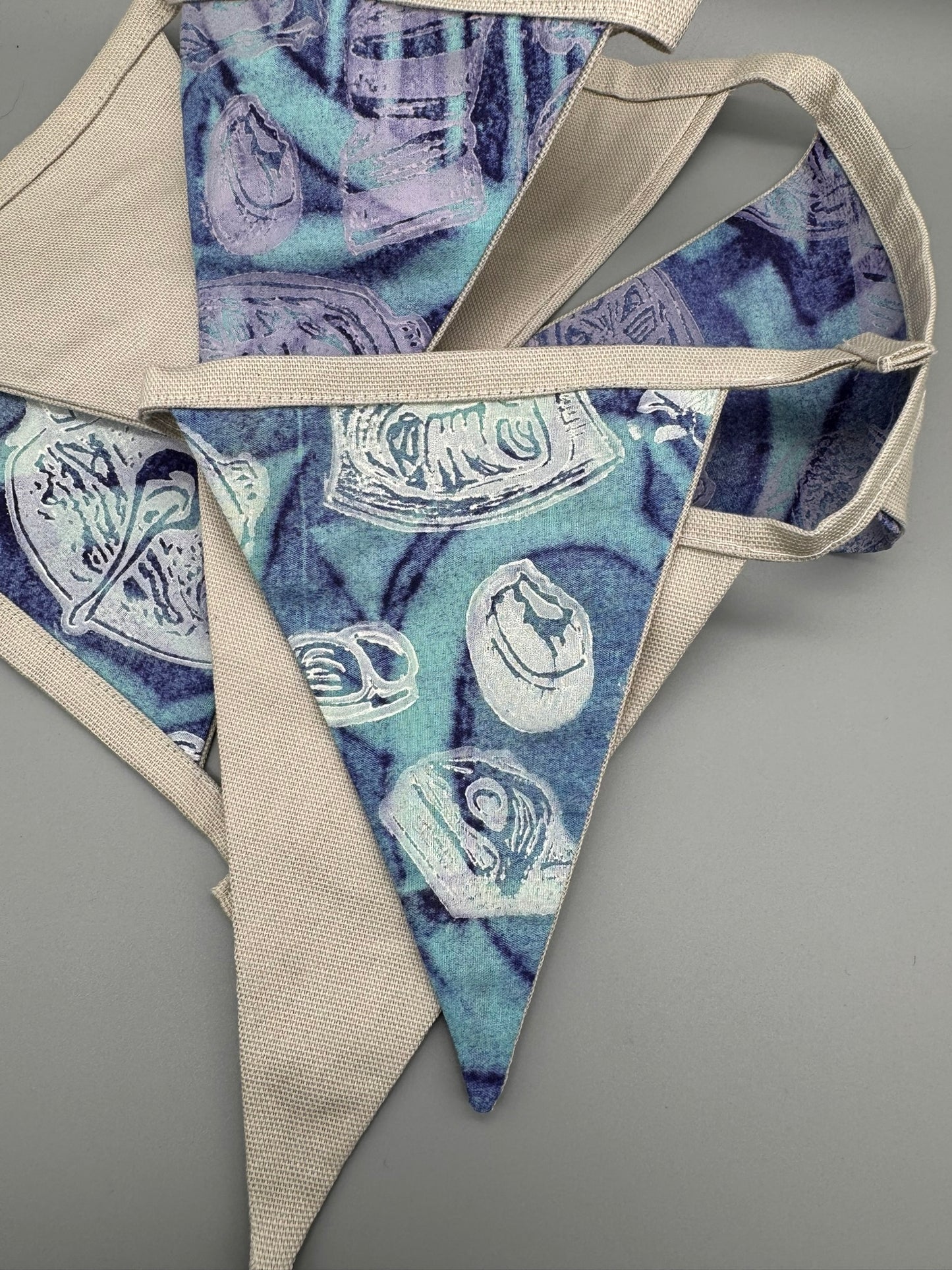 Block-Printed Handmade Snack Bunting | 7 - 5" x 6" triangles, 45" length | Blue, Purple, Tan, White