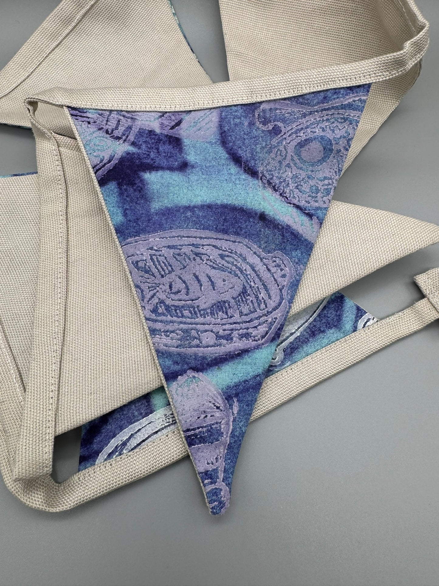 Block-Printed Handmade Snack Bunting | 7 - 5" x 6" triangles, 45" length | Blue, Purple, Tan, White