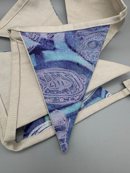 Block-Printed Handmade Snack Bunting | 7 - 5" x 6" triangles, 45" length | Blue, Purple, Tan, White