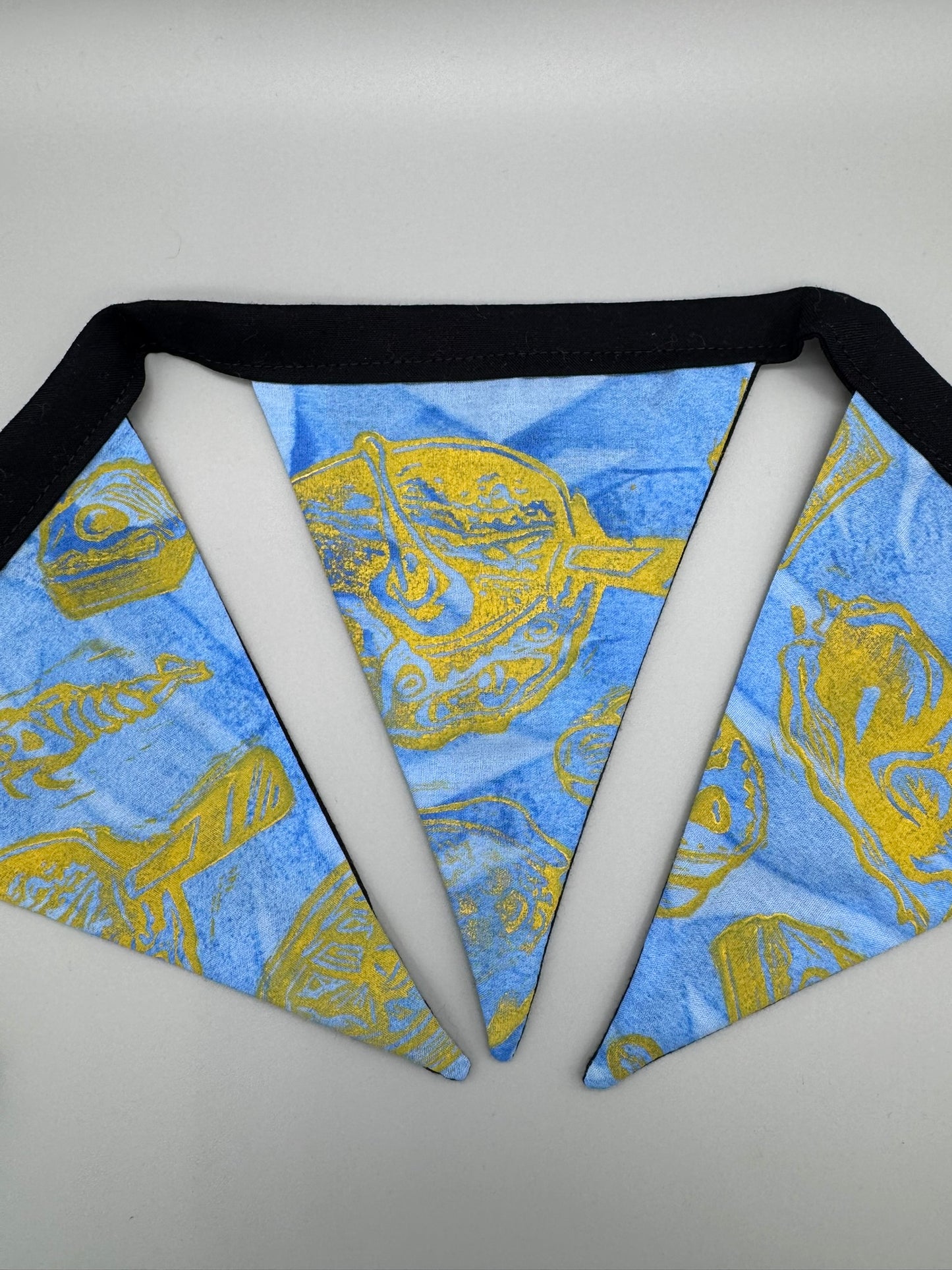 Block-Printed Handmade Snack Bunting | 5 - 5" x 6" triangles, 31" length | Blue, Black, Yellow