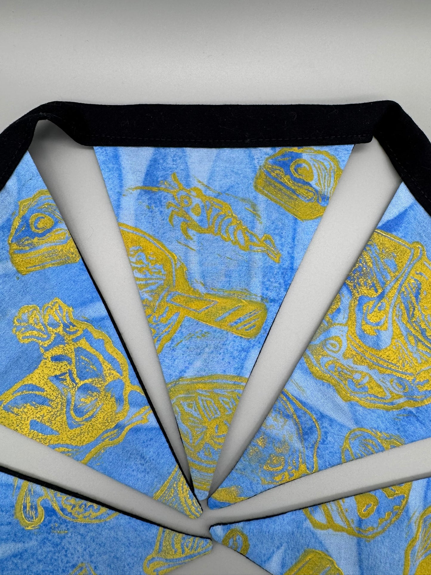 Block-Printed Handmade Snack Bunting | 5 - 5" x 6" triangles, 31" length | Blue, Black, Yellow