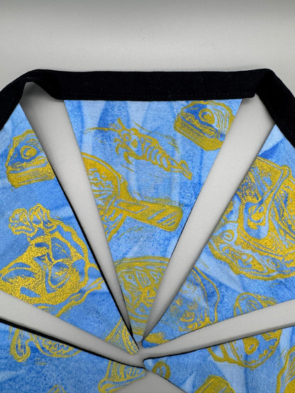 Block-Printed Handmade Snack Bunting | 5 - 5" x 6" triangles, 31" length | Blue, Black, Yellow
