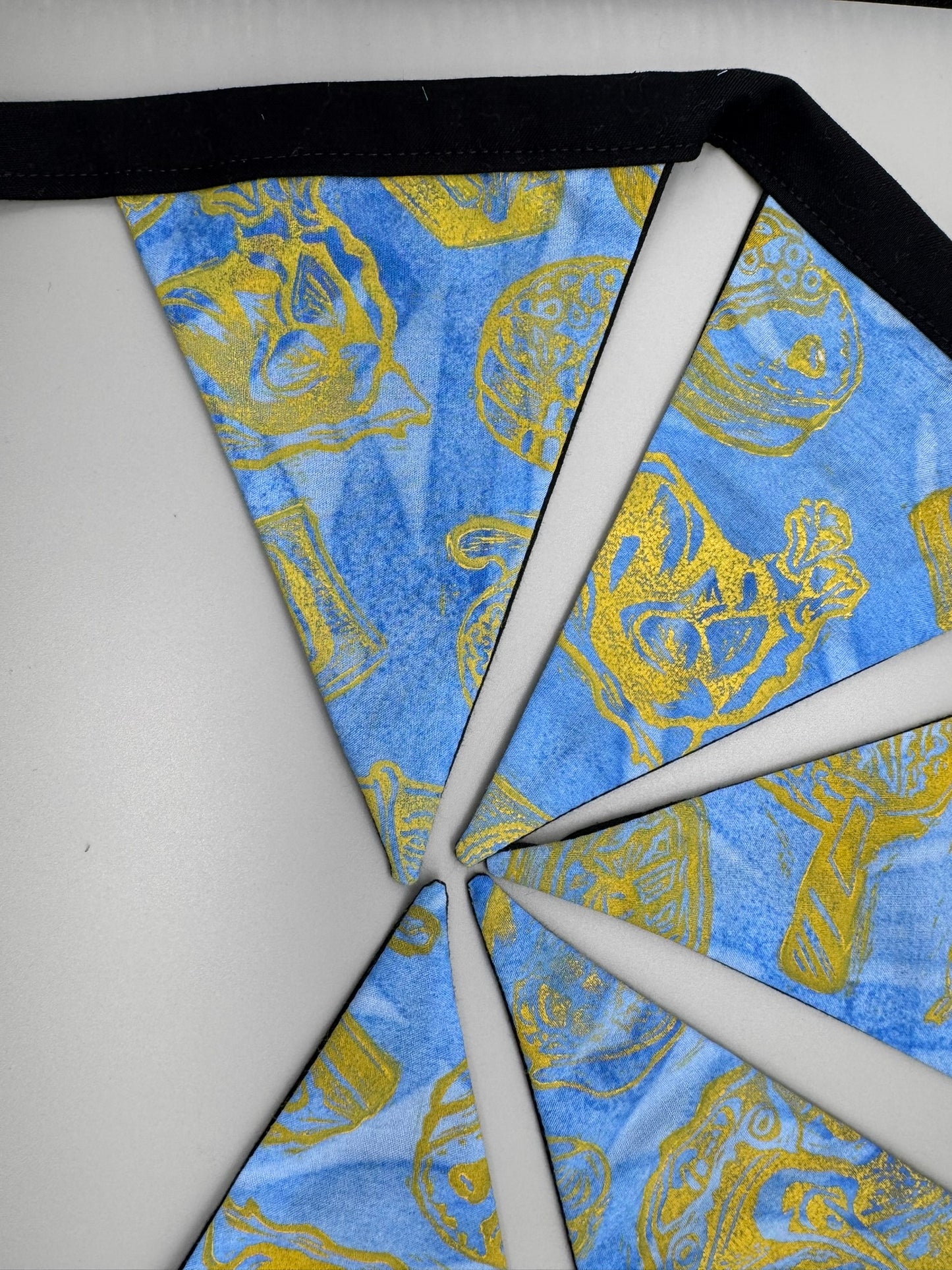 Block-Printed Handmade Snack Bunting | 5 - 5" x 6" triangles, 31" length | Blue, Black, Yellow