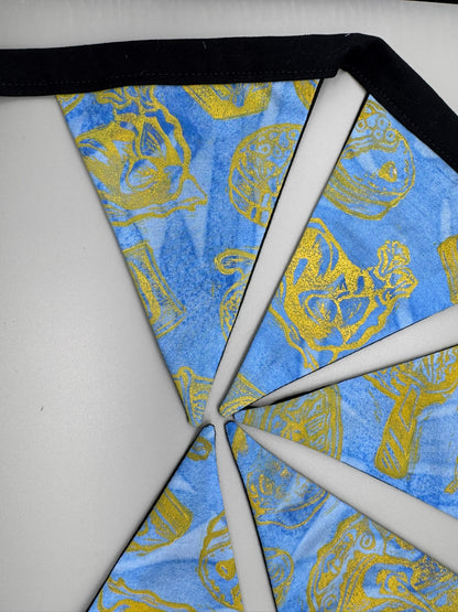 Block-Printed Handmade Snack Bunting | 5 - 5" x 6" triangles, 31" length | Blue, Black, Yellow