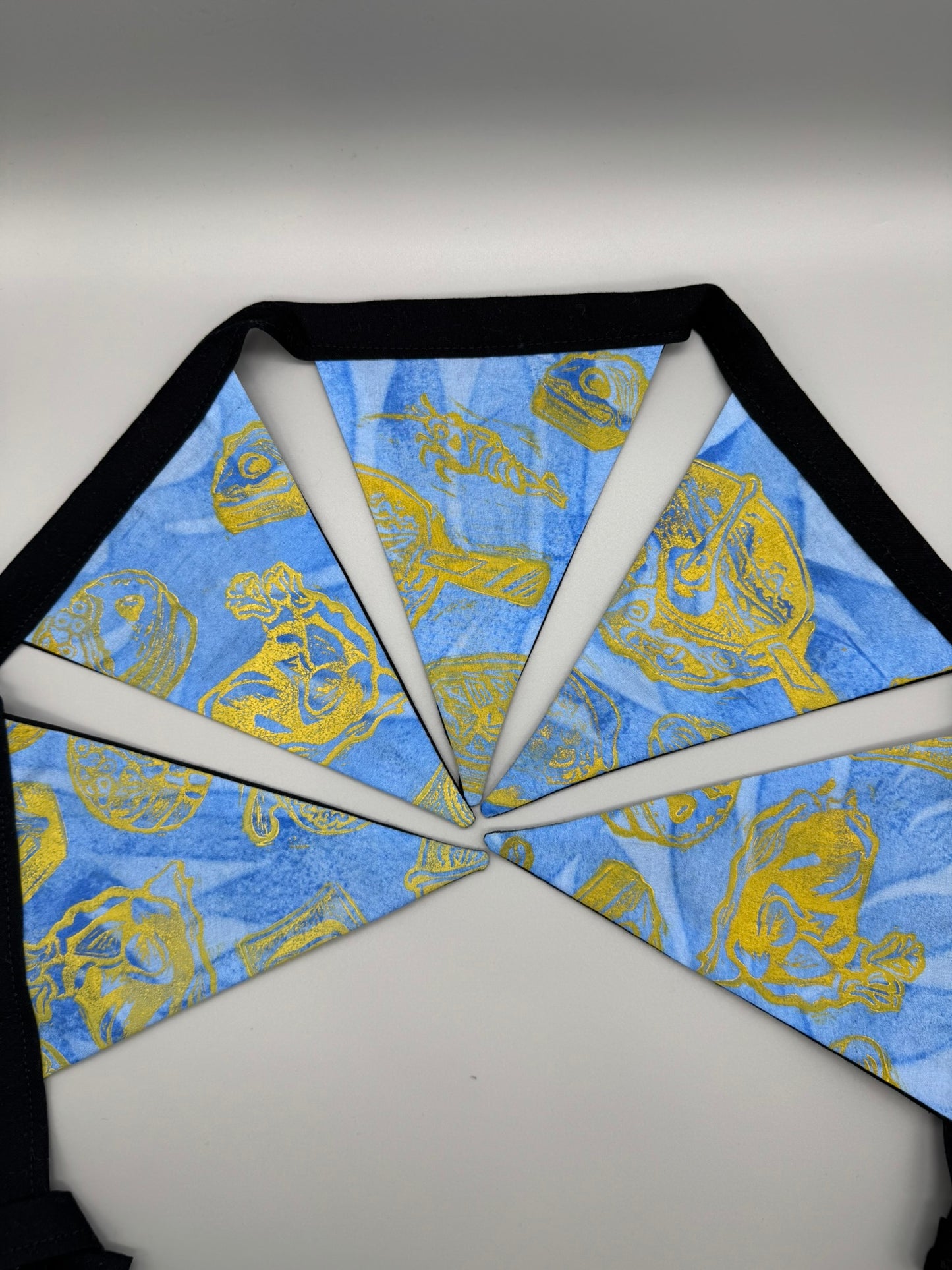 Block-Printed Handmade Snack Bunting | 5 - 5" x 6" triangles, 31" length | Blue, Black, Yellow