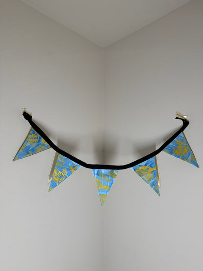 Block-Printed Handmade Snack Bunting | 5 - 5" x 6" triangles, 31" length | Blue, Black, Yellow