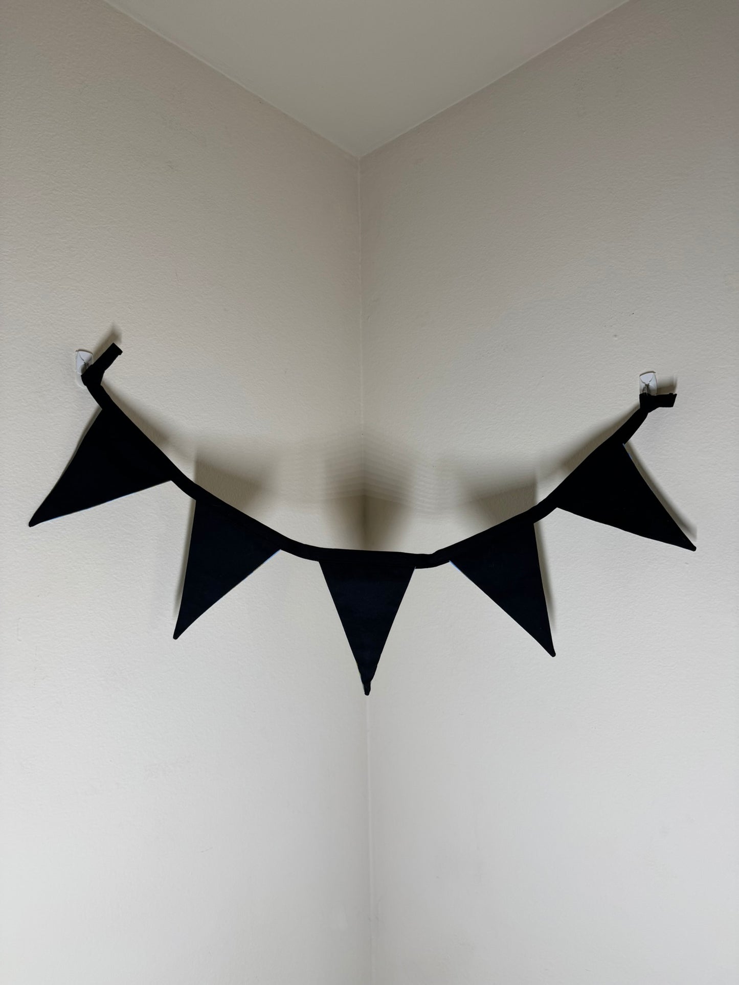 Block-Printed Handmade Snack Bunting | 5 - 5" x 6" triangles, 31" length | Blue, Black, Yellow